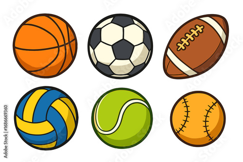 Sports balls vector icon set. Collection of cartoon game equipment. Basketball, soccer, football, volleyball, tennis and baseball. Colorful sport illustration isolated on white