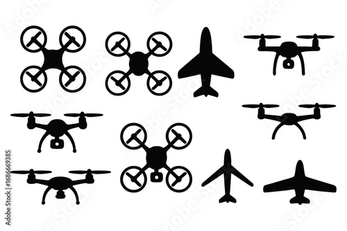 Set of drone silhouettes. Quadcopter and UAV icon collection. Vector graphic design elements. Remote control aircraft for delivery or surveillance with camera. Technology concept.