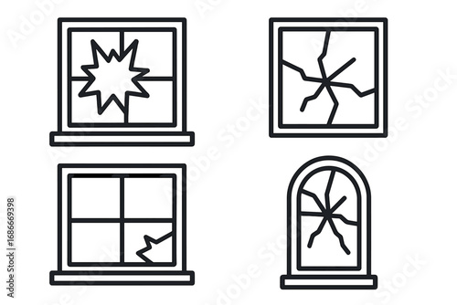 Broken window icon set. Cracked glass vector illustration. Shattered pane symbol for web design, apps. Vandalism, damage, and home repair concept. Modern outline linear pictogram pack.