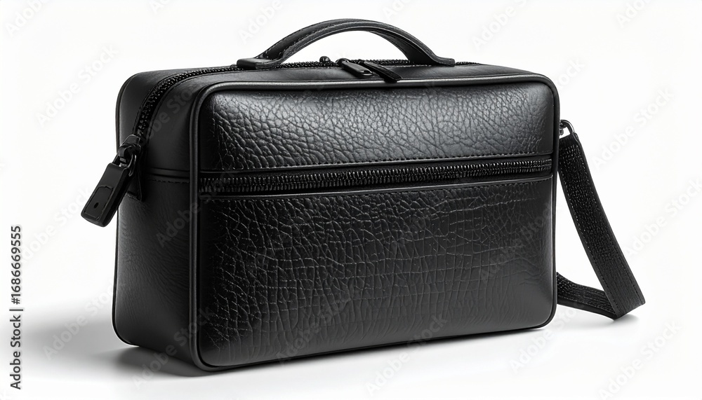 Naklejka premium Black leather briefcase sitting on a white surface, showcasing its texture and design in a simple studio setting, conveying professionalism and style.
