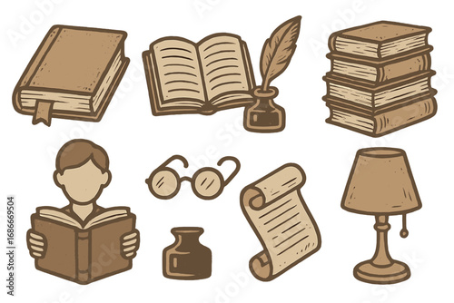 Vintage literary icons set. Book, reading, writing, and library symbols. Quill pen, inkwell, scroll, glasses, and lamp. Retro education and knowledge vector illustration.