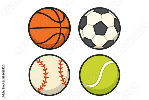 Set of sports balls vector illustration. Collection of flat cartoon icons. Basketball, soccer, baseball, tennis. Sport equipment symbol for game, competition, tournament. Isolated.