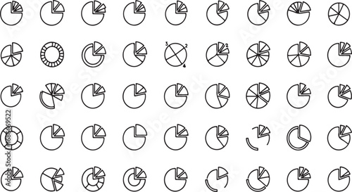Collection of hand drawn pie chart icons representing various data segments and percentages vector