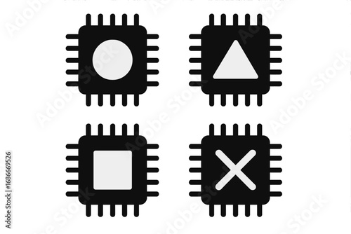 Set of computer chip icons with geometric symbols. Microprocessor, CPU, and hardware silhouette symbol collection. Technology elements for gaming, console buttons, or digital concept.