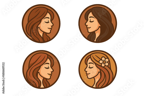 Beauty woman logo set. Vector emblems for hair salon, spa, cosmetics. Female face profile with long hair in circle badge. Natural elegant character icon collection.