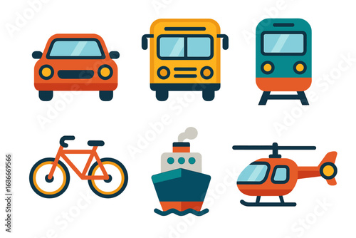 Transportation icon set. Colorful flat design vector illustration. Collection of transport vehicles: car, bus, public transport, train, bicycle, ship, boat, helicopter.