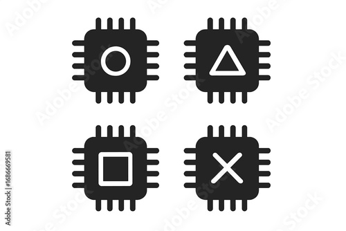 Gaming processor icon set. Computer chip silhouette with video game console button symbols. Vector CPU, microchip with geometric shapes circle, triangle, square, and cross sign.