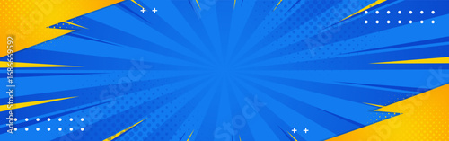 Abstract blue and yellow comic background with sunburst effect and halftone. Modern pop art banner design for sale templates, events, business ads, websites, and headers
