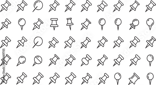 Diverse collection of thumbtack icons representing various styles and uses for office and home organization vector