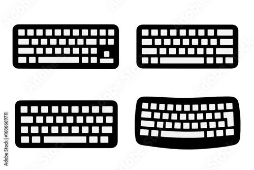 Computer keyboard black silhouette icon set. Vector illustration of different types of keyboards. Typing, input device, technology, pc hardware, and ergonomic design concept.