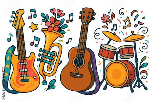 Set of musical instruments vector illustration. Cartoon guitar, drums, and trumpet for a music festival or concert. Colorful hand-drawn doodle for band performance or party.