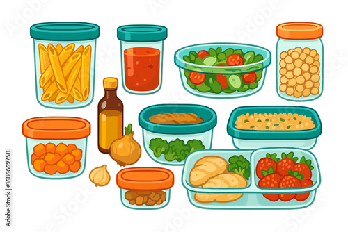 Vector set of food storage containers for meal prep and kitchen organization. Lunch box with healthy prepared meal, pasta, salad, and ingredients. Cartoon food illustration.