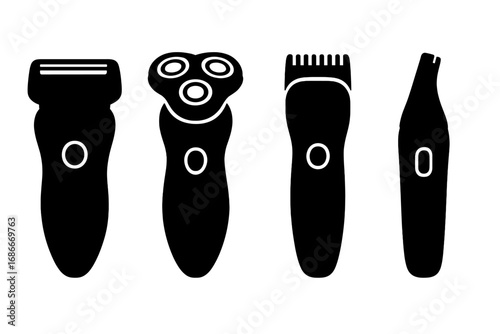 Set of electric shaver and trimmer silhouette icons. Vector collection of grooming tools for personal care. Foil, rotary shaver, hair clipper, beard and nose trimmer glyph set.