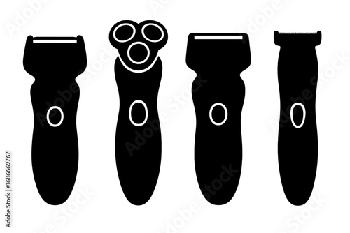 Electric shaver and trimmer silhouette set. Vector icons for grooming, personal care, and hygiene. Barbershop tools for shaving beards and hair. Isolated illustration.