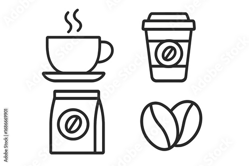 Coffee line icon set vector. Simple outline pictogram collection. Hot drink, cup, steam, takeaway paper cup, coffee bean, package. Cafe, espresso, latte, cappuccino symbol.