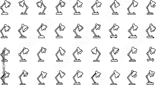 Collection of hand drawn desk lamp icons showing various poses and angles for creative projects vector