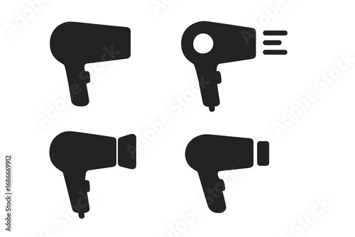 Hair dryer icon set vector graphic. Minimalist silhouette glyph symbol collection. Beauty salon appliance for hair care and styling. Blow dryer sign for web design isolated.