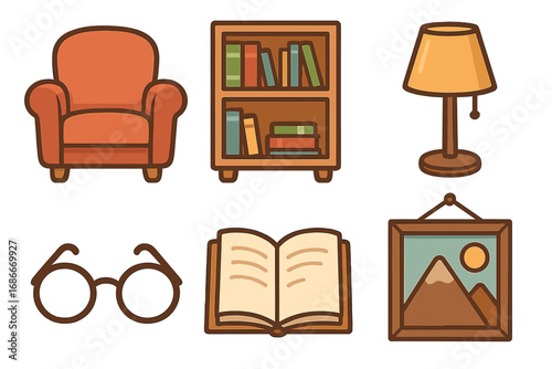 Cozy home essentials icon set. Vector cartoon illustration of armchair, bookshelf, lamp, book, and glasses for a hygge reading corner. Interior furniture collection clipart.