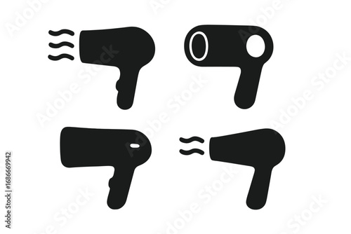 Hair dryer icon set. Vector collection of black silhouette hairdryer symbols. Minimalist flat design for salon, barbershop. Beauty care appliance for hair styling concept illustration.