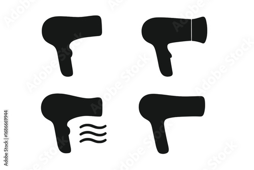 Set of hair dryer icons in minimalist silhouette style. Vector illustration. Hairdryer, blowdryer symbol collection. Beauty salon, barbershop equipment. Hair care, styling tool.