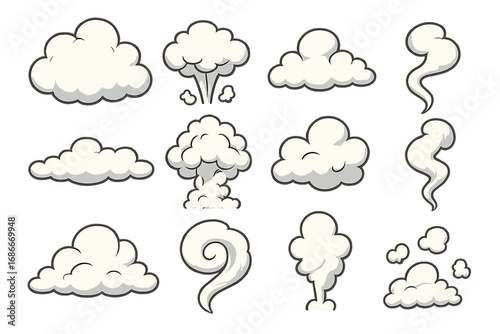 Cartoon cloud and smoke vector set. Comic book style steam puffs, dust clouds, and explosion effects. Collection of various vapor, weather, and smoke shape illustrations.