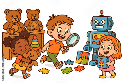 Cartoon children playing with toys in a store. Vector illustration of diverse kids with a robot, teddy bear, and puzzles. Boy with magnifying glass explores in a fun scene.