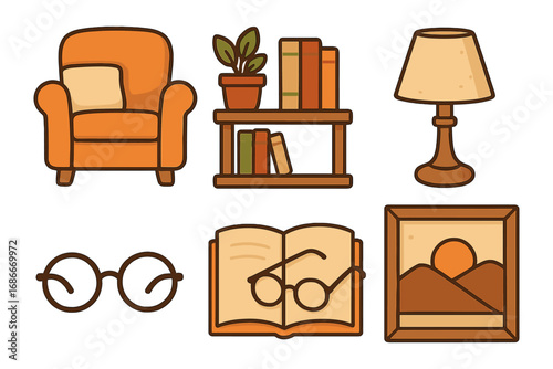 Cozy home essentials for reading and relaxation. Vector icon set with armchair, bookshelf, lamp, book, glasses, artwork. Cartoon furniture for interior design. Hygge concept.