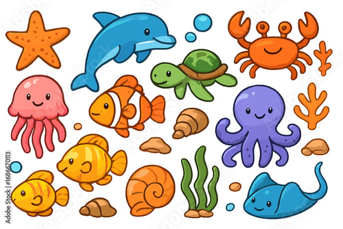 Marine life icon collection. Cute sea animal characters. Cartoon vector illustration of underwater creatures. Ocean set with fish, dolphin, turtle, crab, octopus, starfish, ray.
