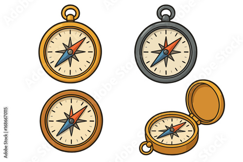 Compass vector set for navigation, direction, and exploration. Retro cartoon icon collection. Symbol for travel, adventure, journey, and guidance. Isolated graphic element.