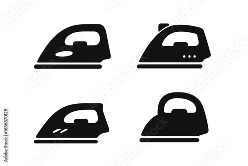 Set of iron silhouettes. Classic and modern iron icons. Household appliance for laundry and ironing. Flat vector illustration for garment care. Domestic equipment symbol.