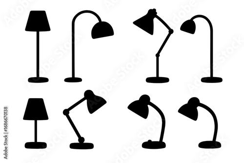 Set of lamp silhouettes. Collection of black floor and desk lamps. Vector icons for interior design. Home decor and furniture elements. Simple modern lighting fixtures.