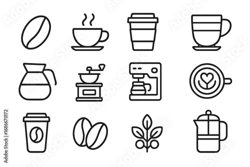 Coffee line icon set. Barista and cafe symbols. Vector collection for web and graphic design. Includes coffee bean, cup, machine, grinder, pot, french press, and latte art.