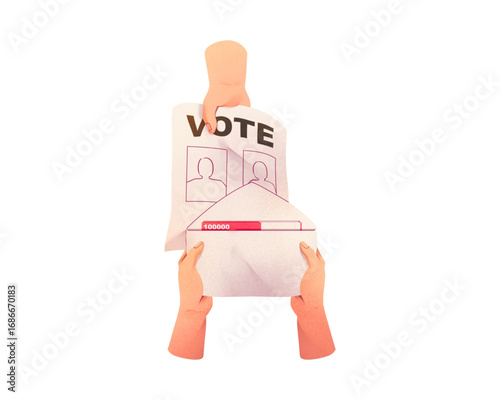 Hands placing a voting ballot into an envelope for a political election, symbolizing civic duty and the democratic process of making a choice