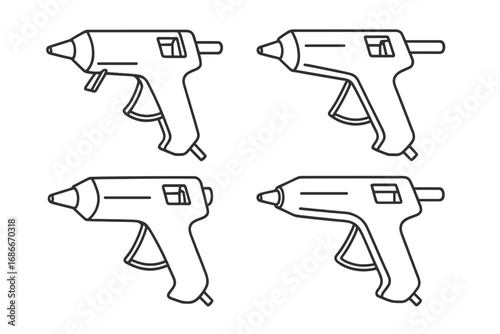 Hot glue gun tool line icon set. Vector illustration of equipment for DIY, crafting, repair, and handmade projects. Melt gun symbol for creative workshop and hobby concepts.