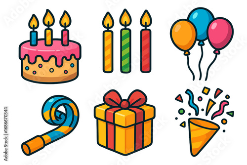 Birthday party celebration icon set. Vector festive elements collection. Cartoon cake, candles, gift, present, balloons, party blower, confetti popper. Holiday graphic design.