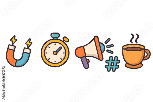 Business marketing icon set. Lead generation magnet, time management stopwatch, social media promotion with megaphone and hashtag. Coffee break for productivity. Flat cartoon vector.