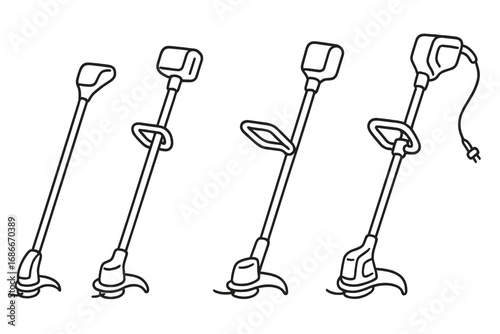 Set of linear grass trimmers with outline style for lawn care and gardening tools, vector cartoon illustration with transparent background, ordered set, garden maintenance equipment