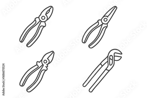 Set of linear pliers icons for tools and hardware design, vector cartoon illustration with transparent background, ordered set of professional hand tools for mechanics and DIY