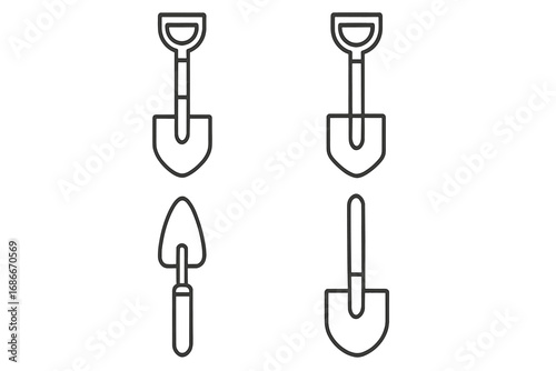 Set of linear shovel icons with outlined design for gardening and construction tools, vector cartoon illustration, transparent background, organized tool symbols for digging and landscaping