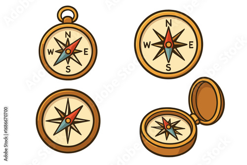Vector set of cartoon compass icons. Collection of vintage navigation tools for travel, exploration, and adventure. Directional guide with north, south, east, west symbols.