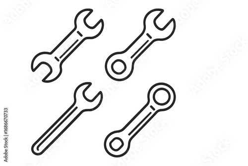 Linear wrench icons set for tools and maintenance equipment with transparent background, vector cartoon illustration, ordered collection of adjustable and fixed spanners for repair and mechanical work