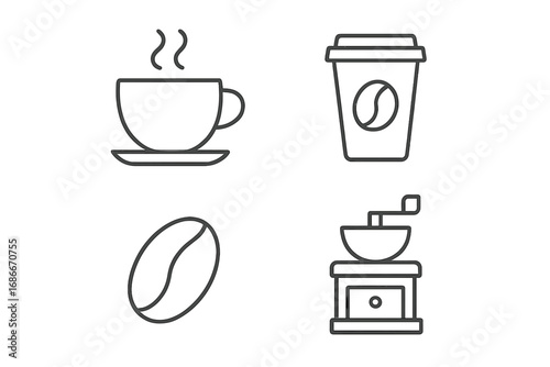 Coffee icon set, outline style. Vector linear symbols for cafe menu, web, apps. Hot drink, coffee cup, roasted bean, grinder, paper cup. Morning energy, caffeine, barista.