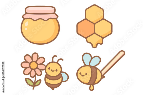 Cute honey and bee icon set. Vector cartoon illustration of a honey jar, honeycomb, flower, and honey dipper. Kawaii food character collection in pastel colors.