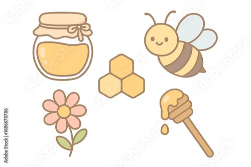 Cute honey and bee icons vector set. Kawaii cartoon illustration with bee, honey jar, honeycomb, flower, dipper. Natural organic sweet food concept. Simple pastel sticker.