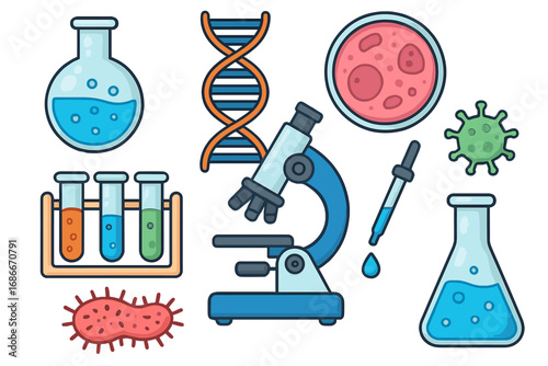 Science laboratory research icon set. Flat cartoon vector collection for biology, chemistry, genetics. Symbols of experiment, microscope, DNA, virus, bacteria, test tube, flask.