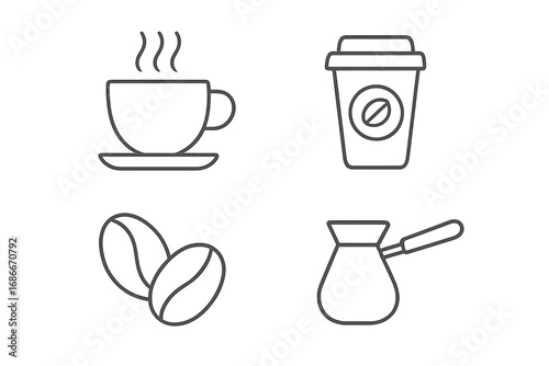 Coffee icon set. Minimalistic outline icons for web, graphic design. Vector illustration. Hot drink, coffee cup, beans, cezve, takeaway cup. Cafe menu, espresso, latte concept.