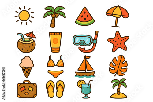 Colorful summer icons set. Vector cartoon collection of beach vacation and tropical travel elements. Holiday symbols: sun, palm, cocktail, snorkel, boat, bikini, ice cream.