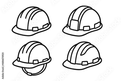 Set of Outline Hard Hats in Various Construction and Safety Helmet Styles, Vector Cartoon Illustration with Transparent Background, Protective Gear Collection for Industry and Worksites