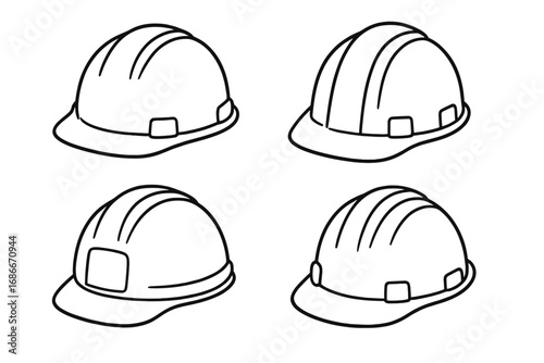 Set of outline hard hats in various styles for construction safety and industrial work. Vector cartoon illustration with transparent background. Protective helmets in diverse designs.