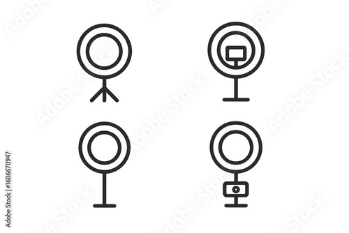 Minimalist ring light icon set for photography and streaming, vector cartoon illustration with transparent background, organized collection of studio lighting tools